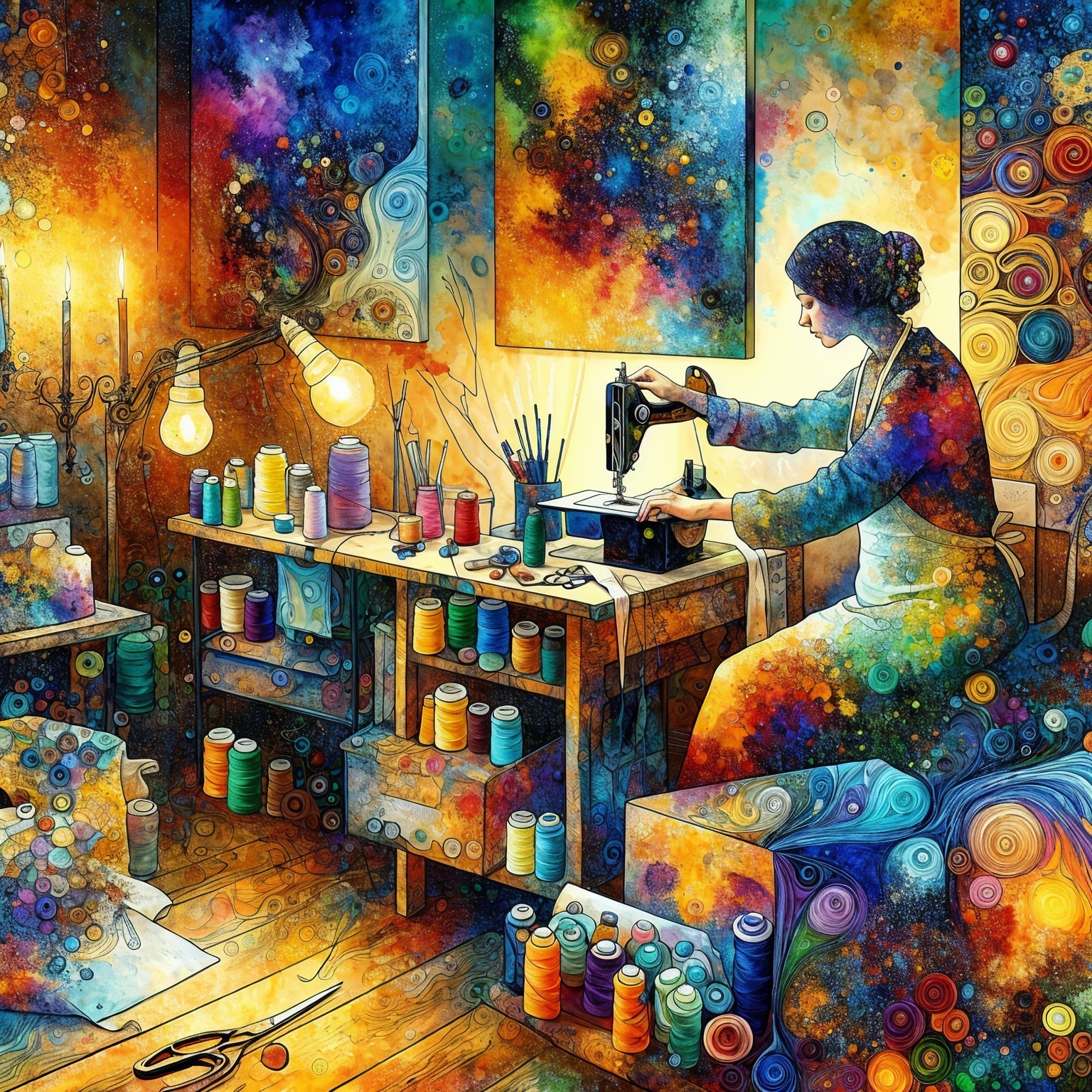 Abstract Workshop with Colorful Sewing Supplies