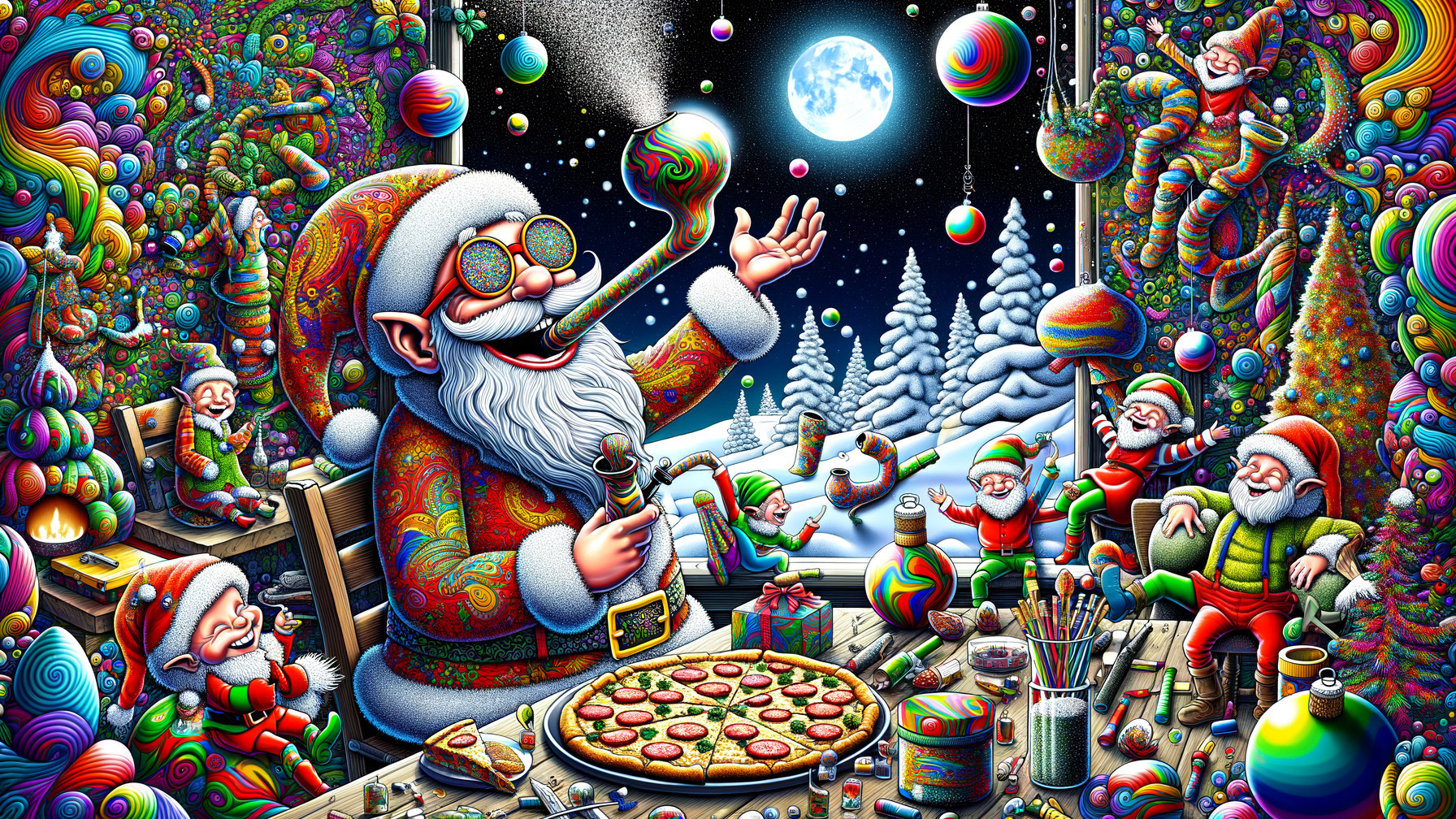 Whimsical Winter Scene with Santa and Cheerful Elves