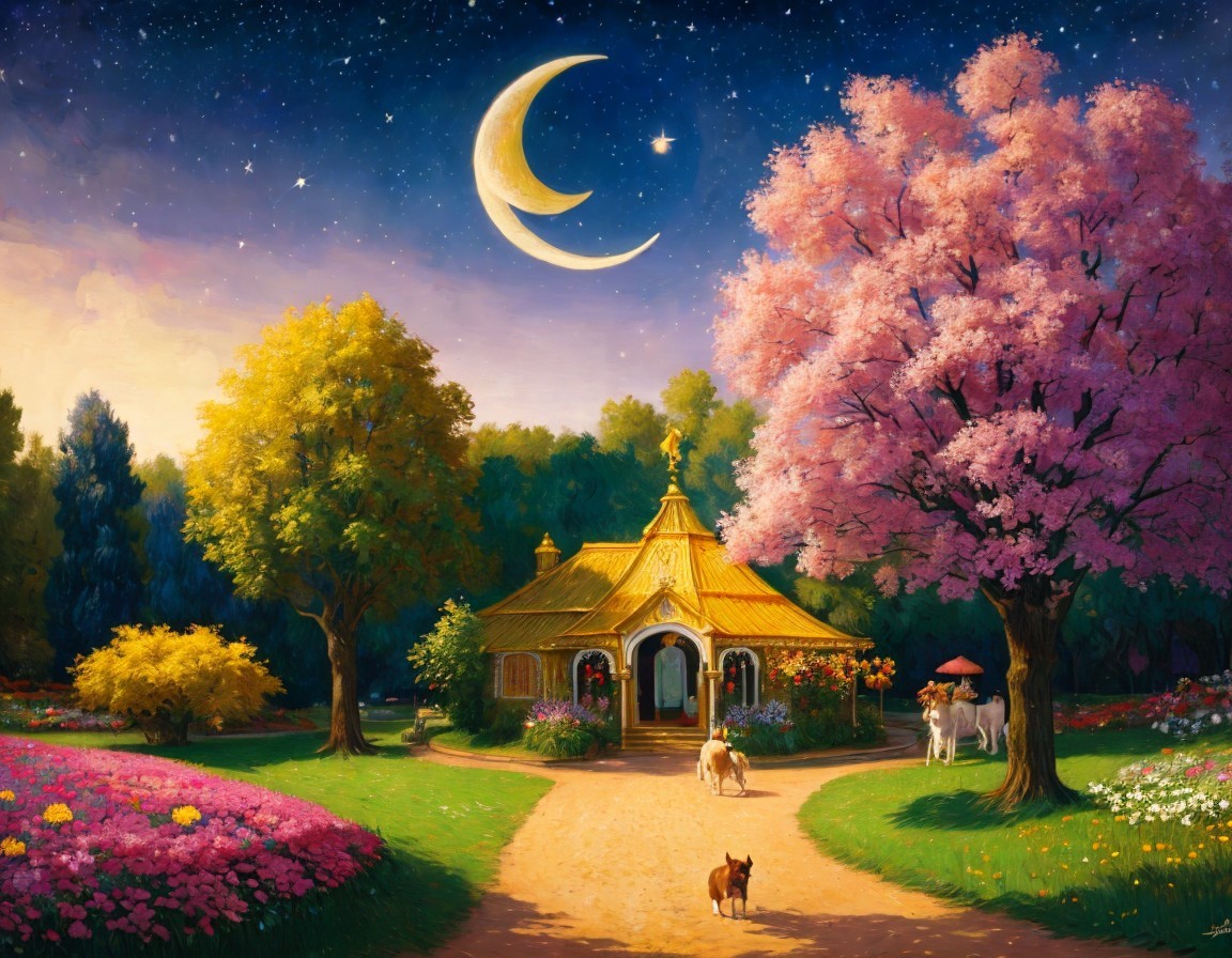 Charming Cottage Under Starry Night Sky with Flowers