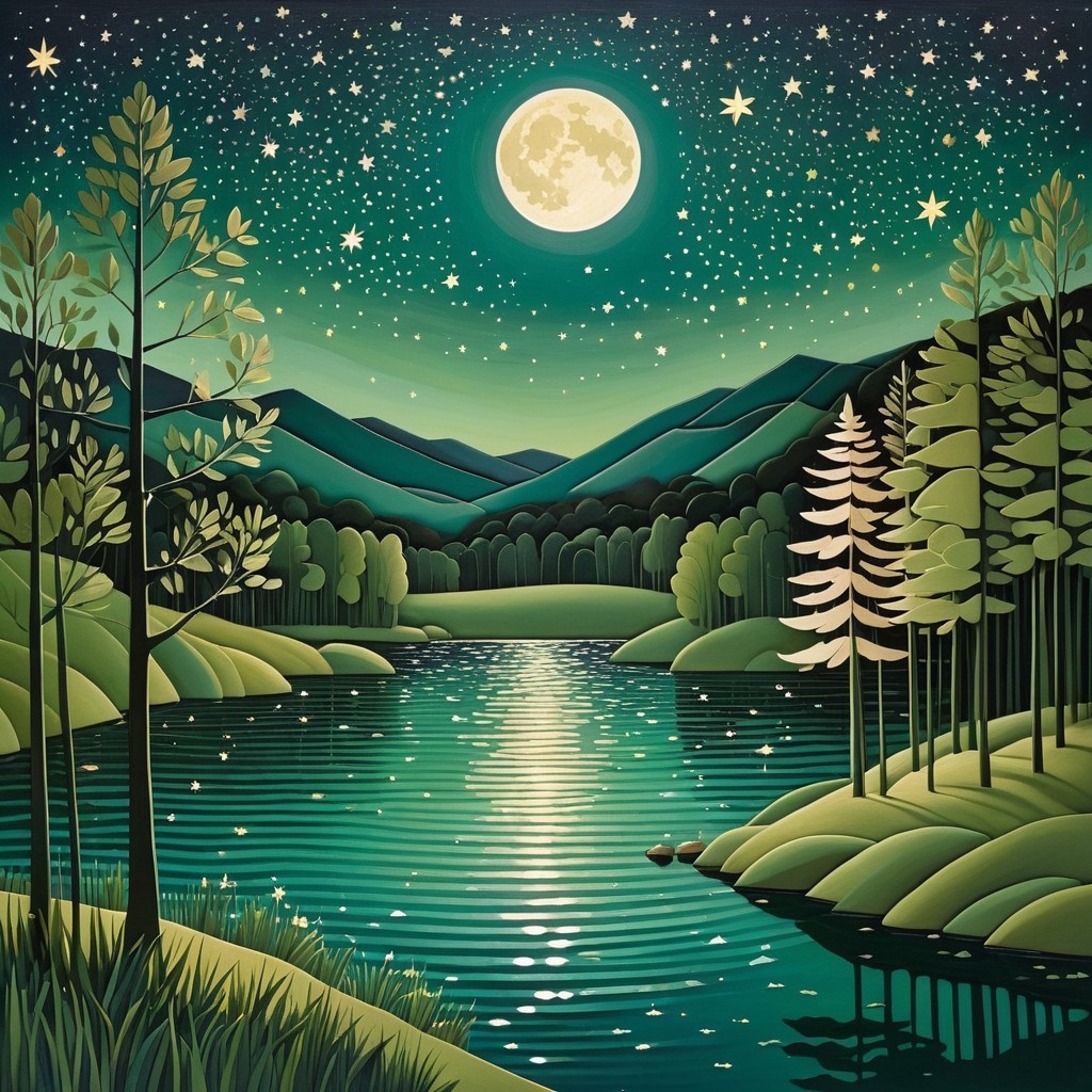 Tranquil Night Scene with Lake and Luminous Moon