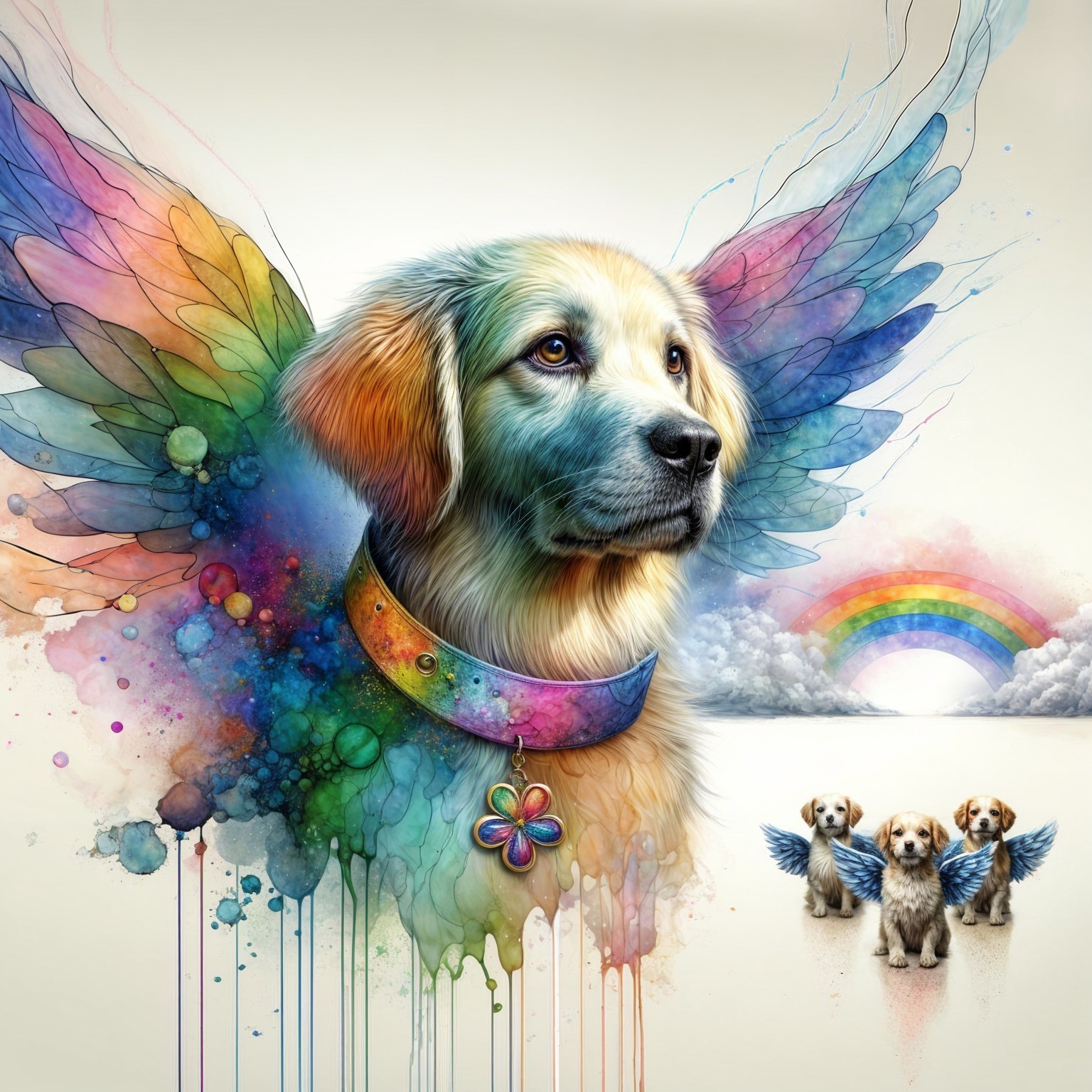 Golden Retriever with Colorful Wings and Playful Puppies