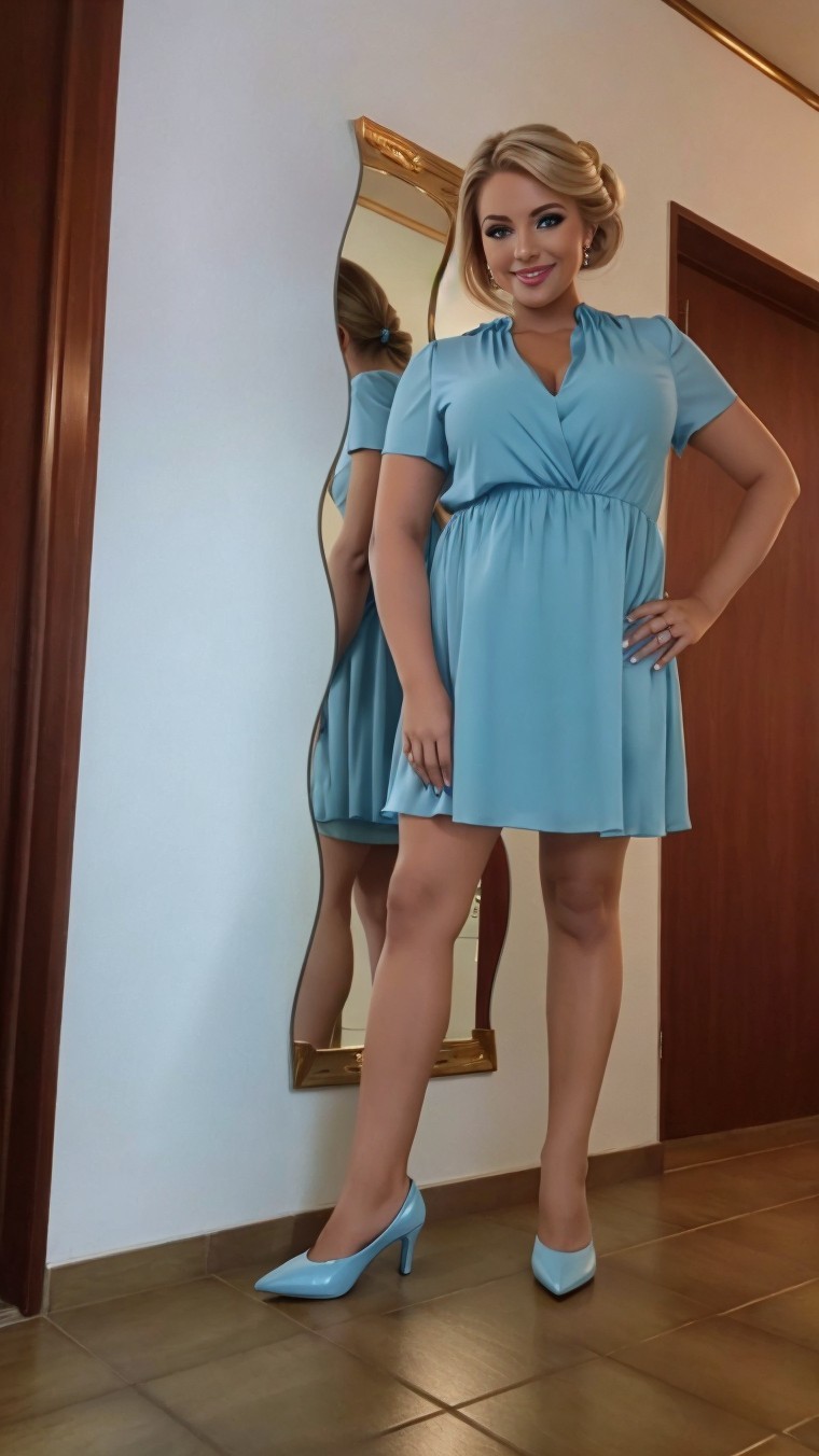 Confident Woman in Light Blue Dress with Elegant Setting