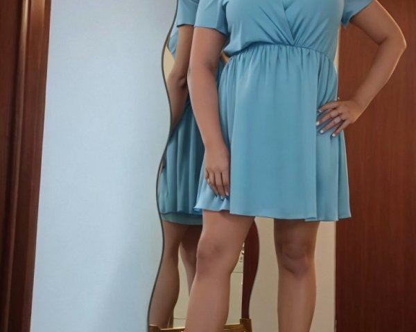 Confident Woman in Light Blue Dress with Elegant Setting