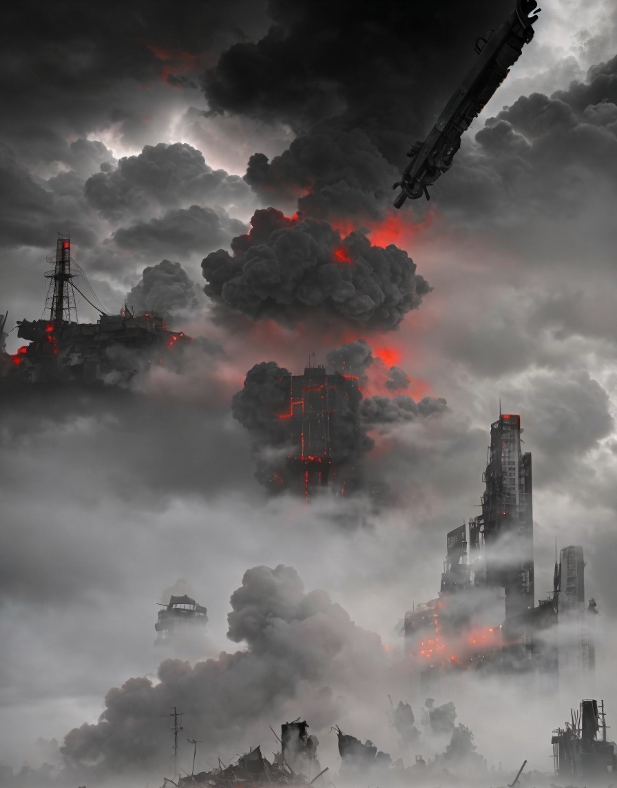 Dystopian Landscape with Dark Clouds and Ruined City