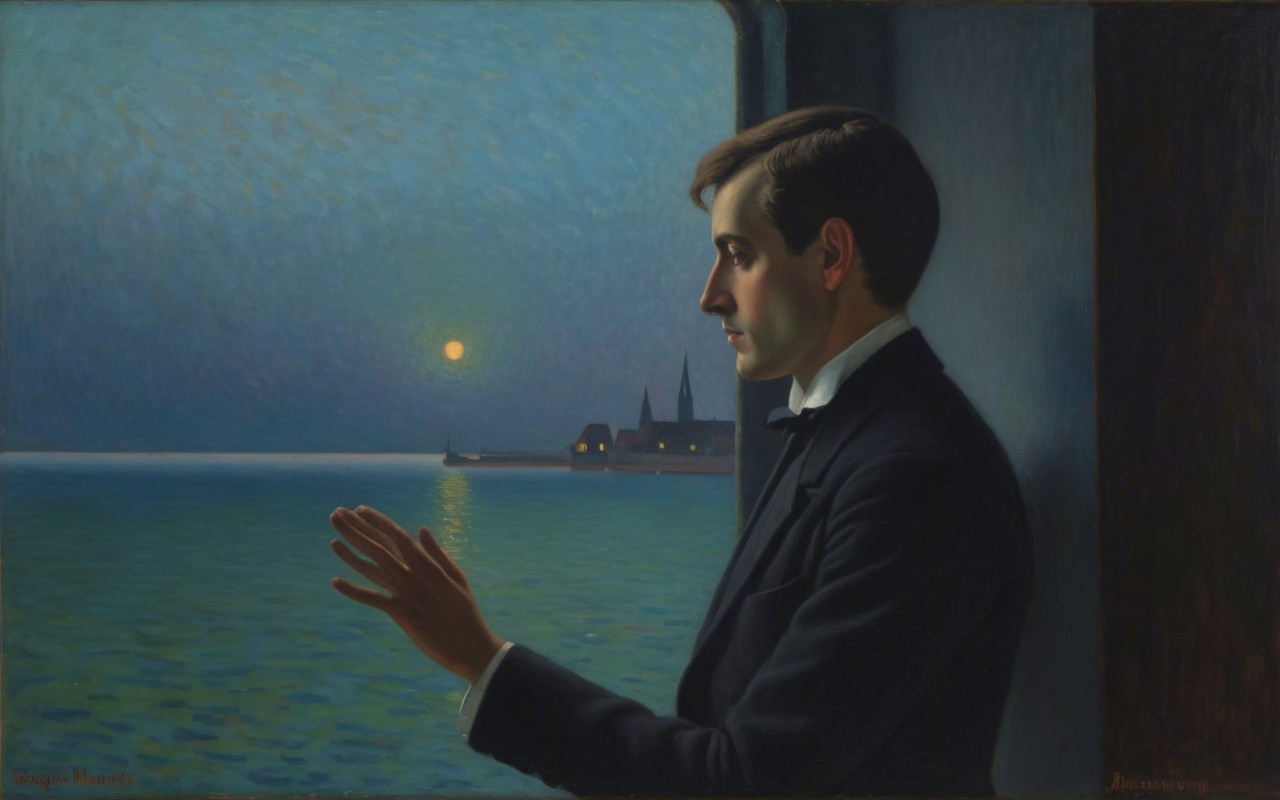 Contemplative Man by Open Window with Seascape View