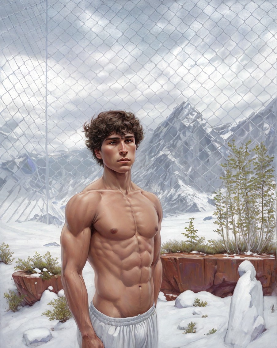 Muscular Man in Snowy Landscape with Mountains