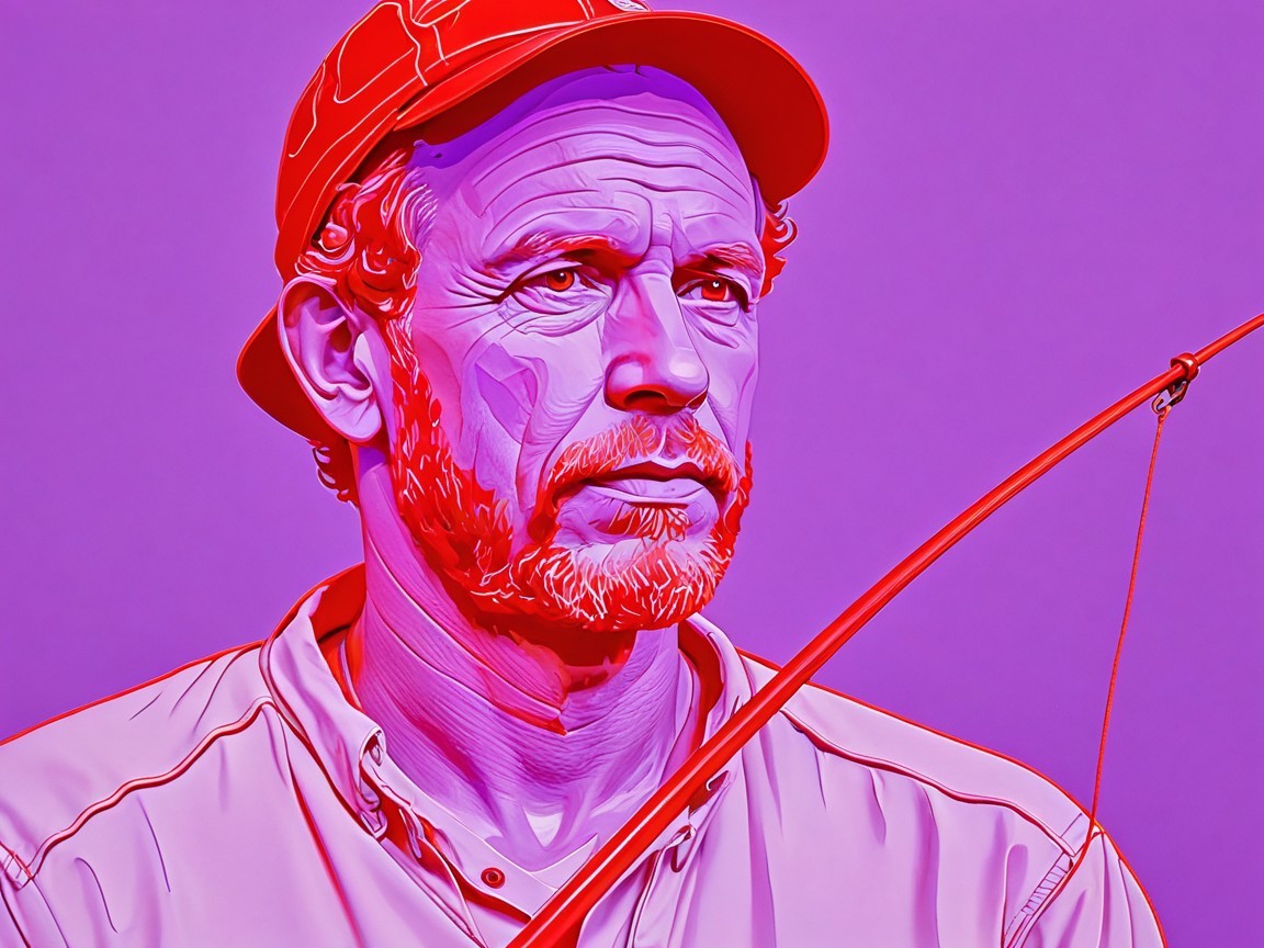 Thoughtful Man in Red Hat with Fishing Rod on Purple Background