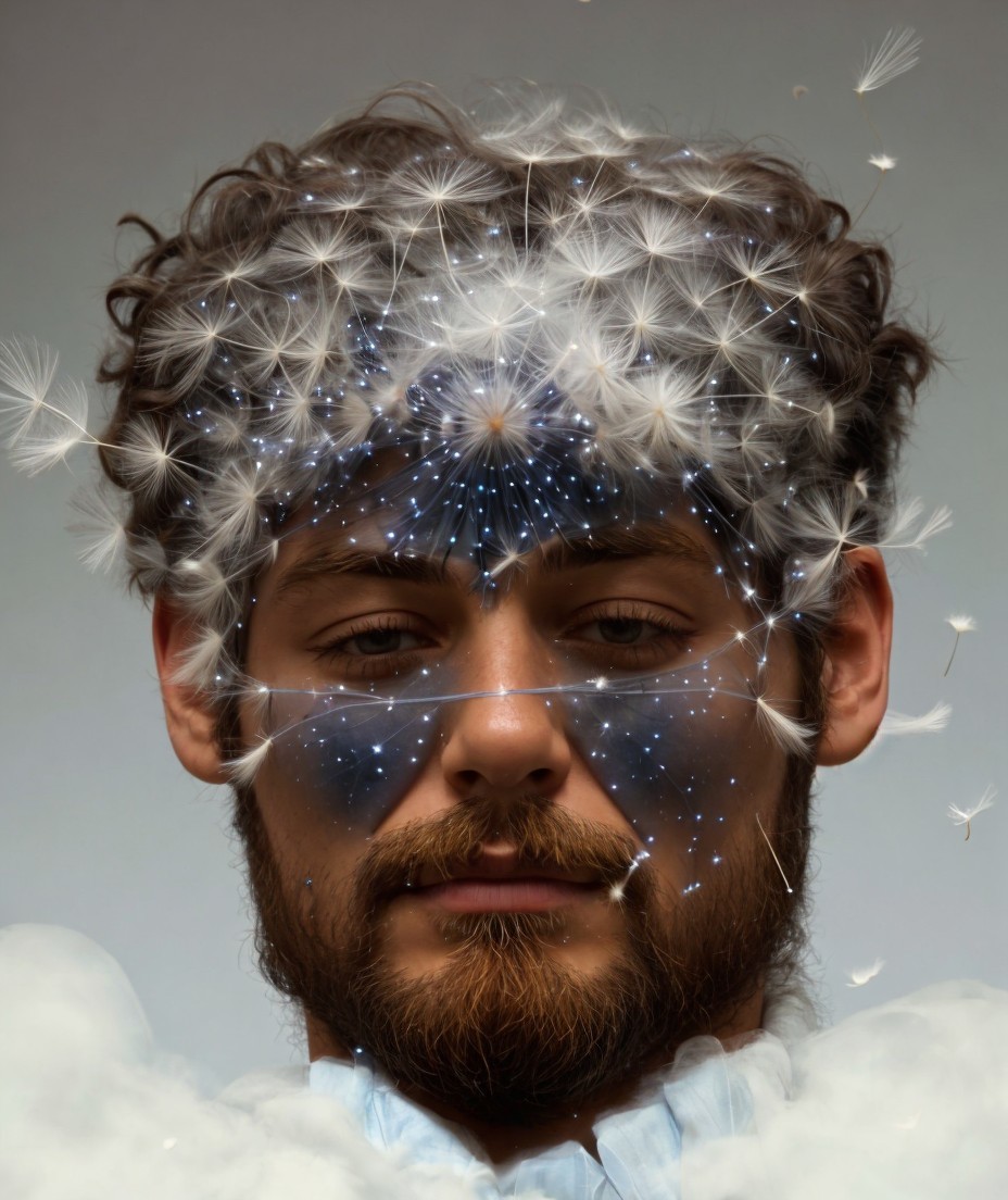 Male Figure with Dandelion Crown and Blue Patterns