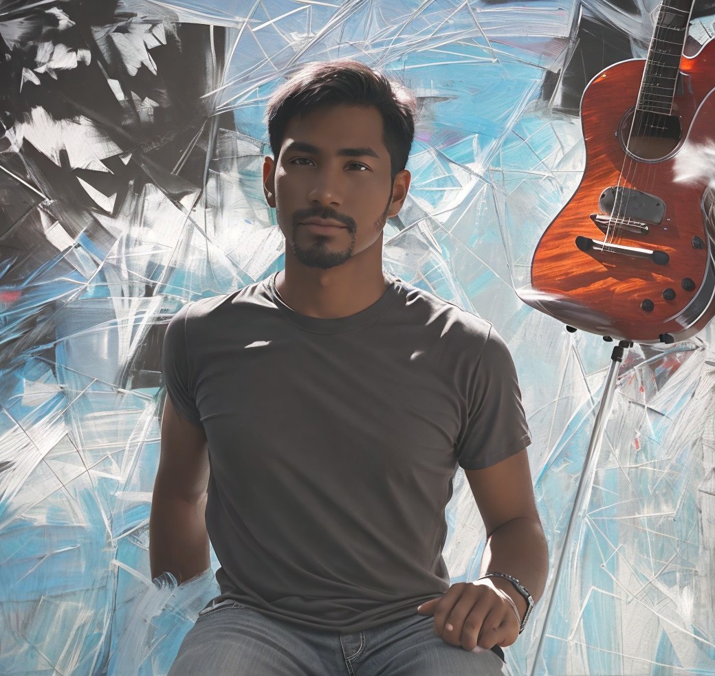Young man in gray shirt with acoustic guitar backdrop