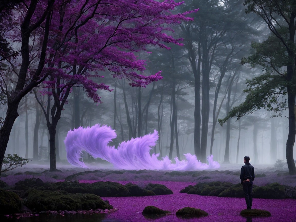 Misty Forest with Purple Trees and Ethereal Energy