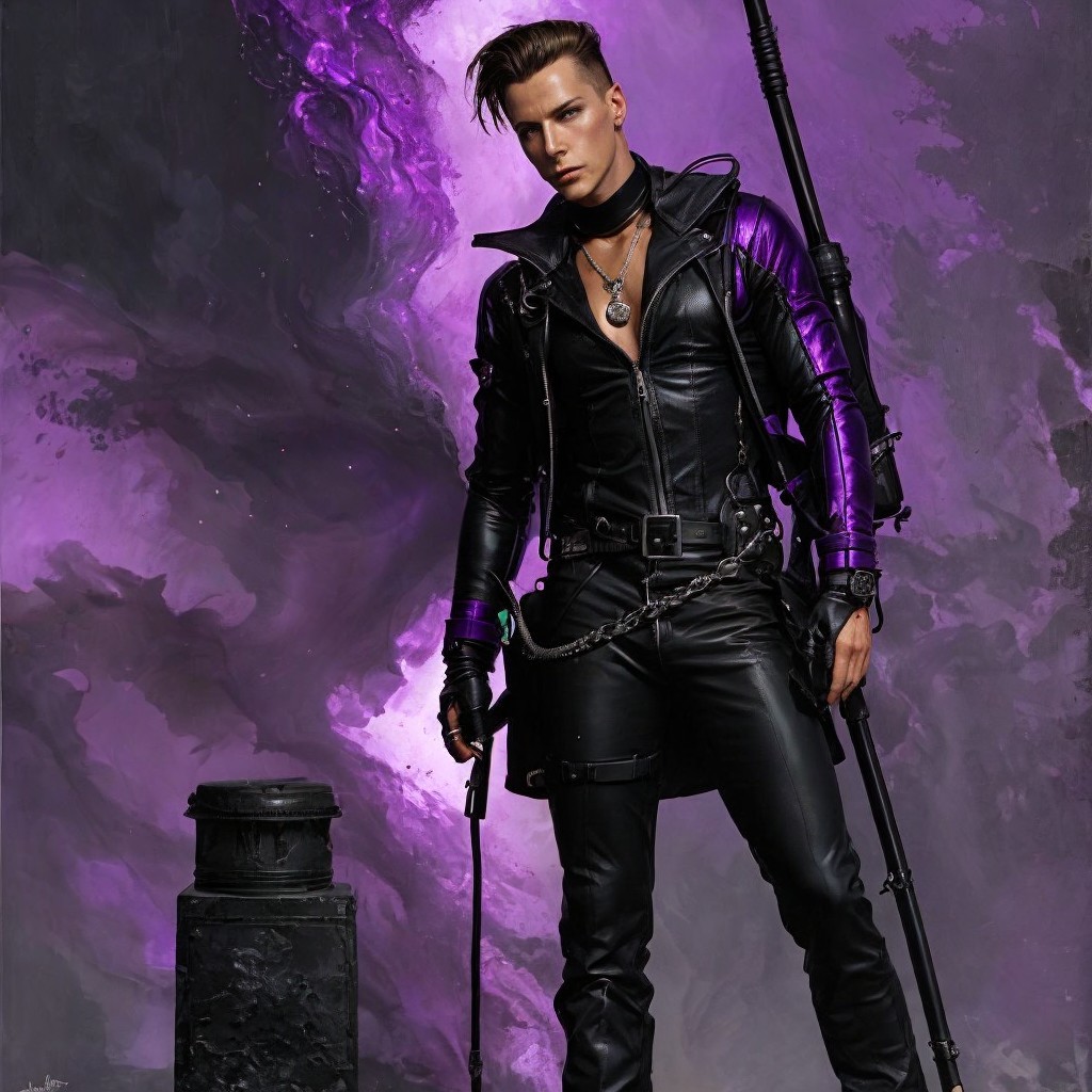 Stylish Figure in Black Leather with Purple Accents