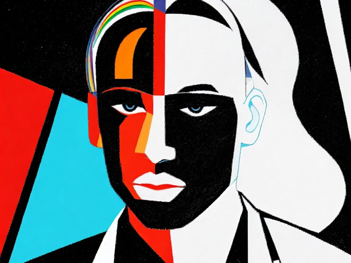Abstract Portrait with Geometric Lines and Colors