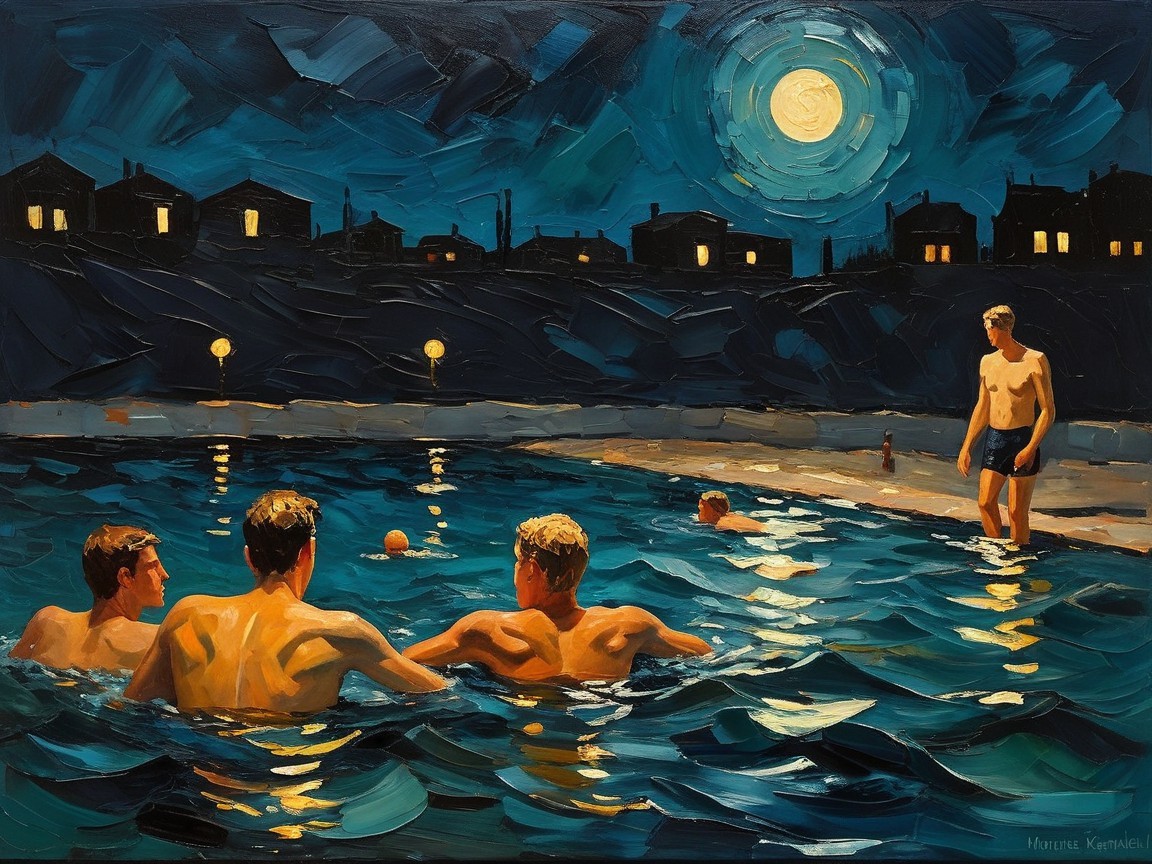 Young Men Relaxing by a Moonlit Pool at Night