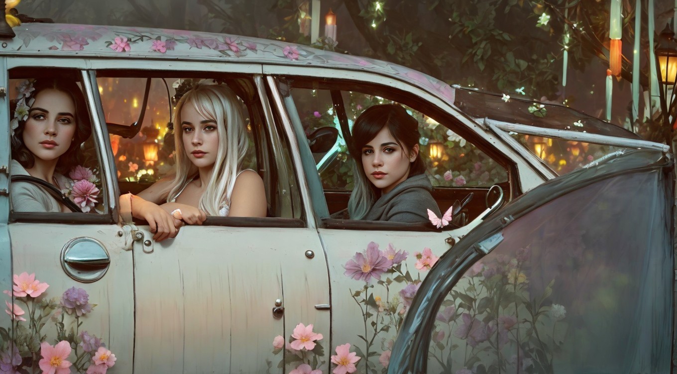 Three Women in Flower-Adorned Car Surrounded by Nature