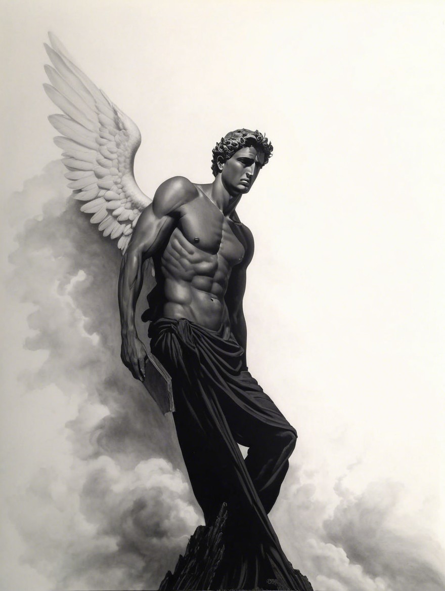 Muscular Angelic Figure with Wings and Book on Pedestal