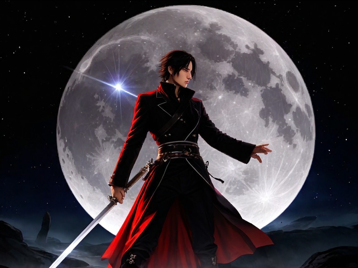 Character in Red Coat with Sword Under Full Moon