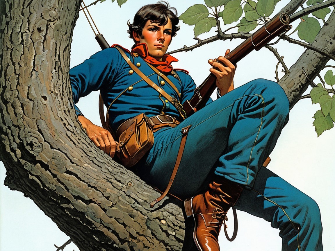 Animated soldier in blue uniform sitting in a tree