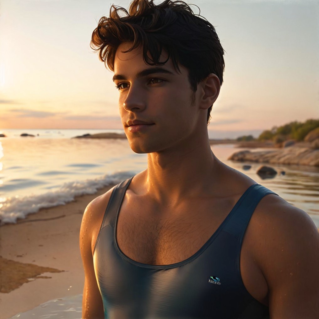 Young man by shoreline at sunset in blue swimsuit