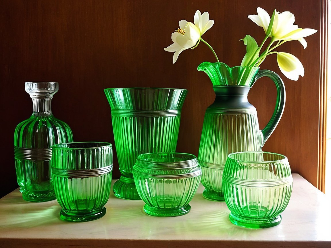 Elegant Green Glassware with Ribbed Design Displayed