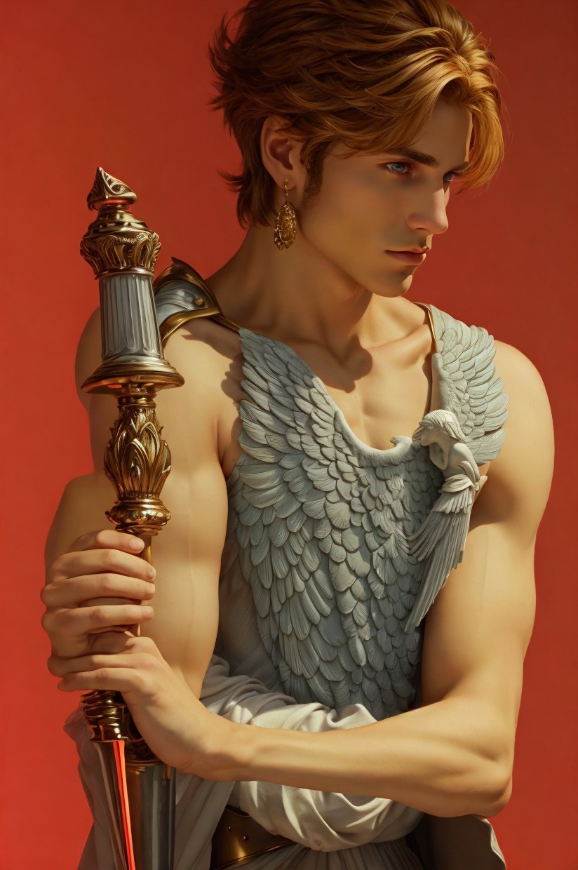 Young man in armor with golden hair on red background
