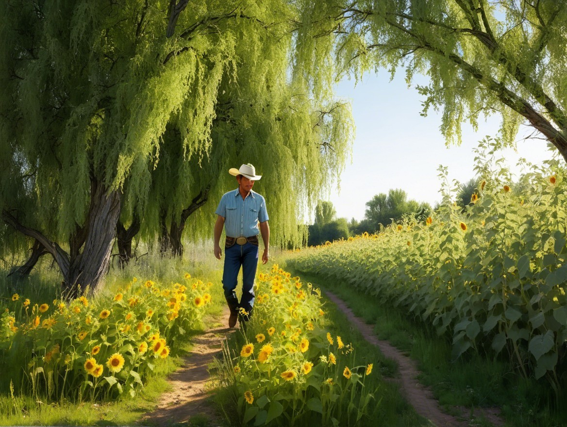 Man in Blue Shirt Walking Along Sunflower Path