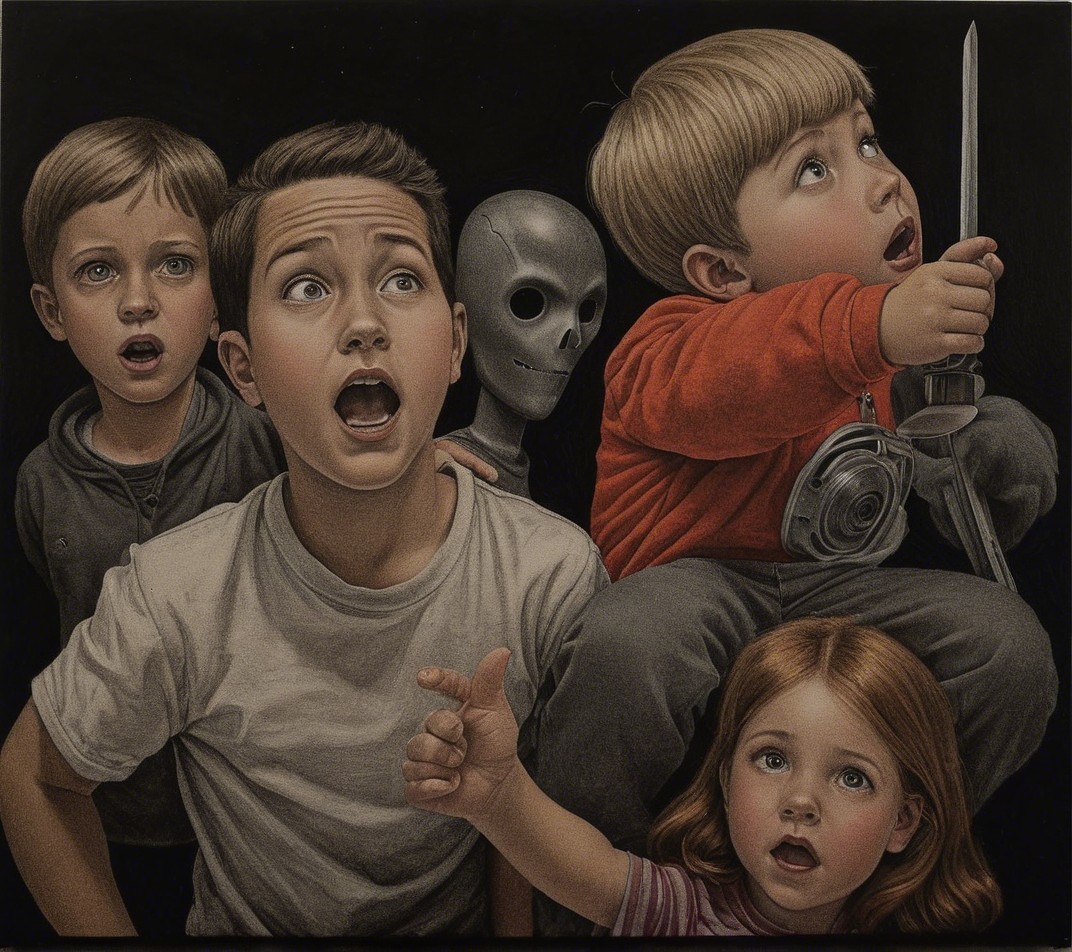 Children Expressing Surprise and Wonder in Adventure Scene