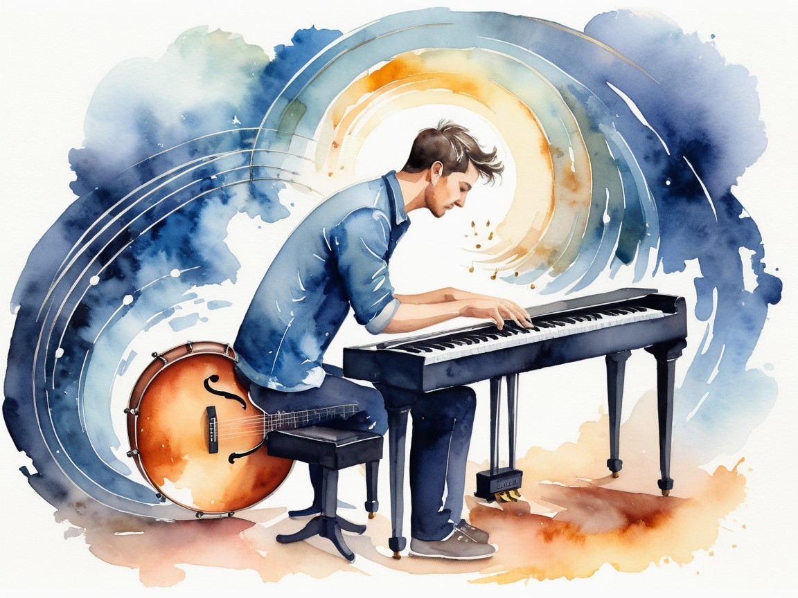 Watercolor Painting of a Musician Playing Piano
