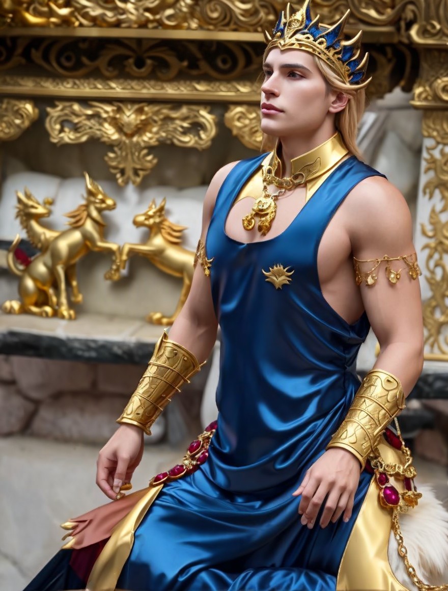 Regal Figure in Blue Gown with Gold Accents
