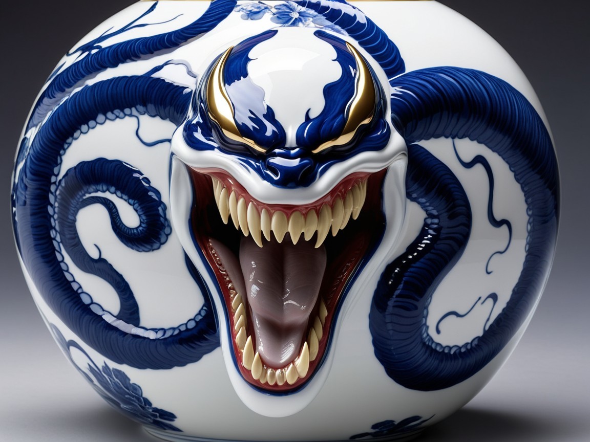 Glossy White Pottery with Deep Blue Dragon Design