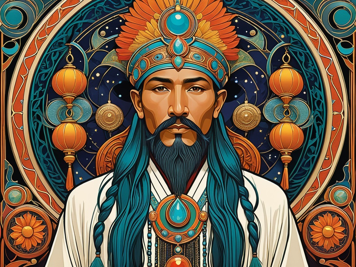 Regal figure with elaborate headdress and jewelry