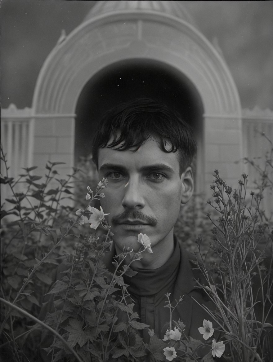 Young man in a lush garden with blooming flowers