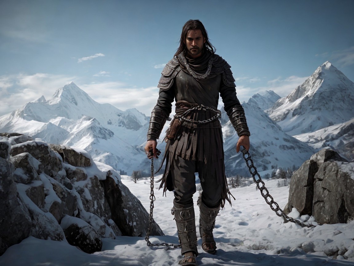 Warrior in Dark Armor in Snowy Mountain Landscape