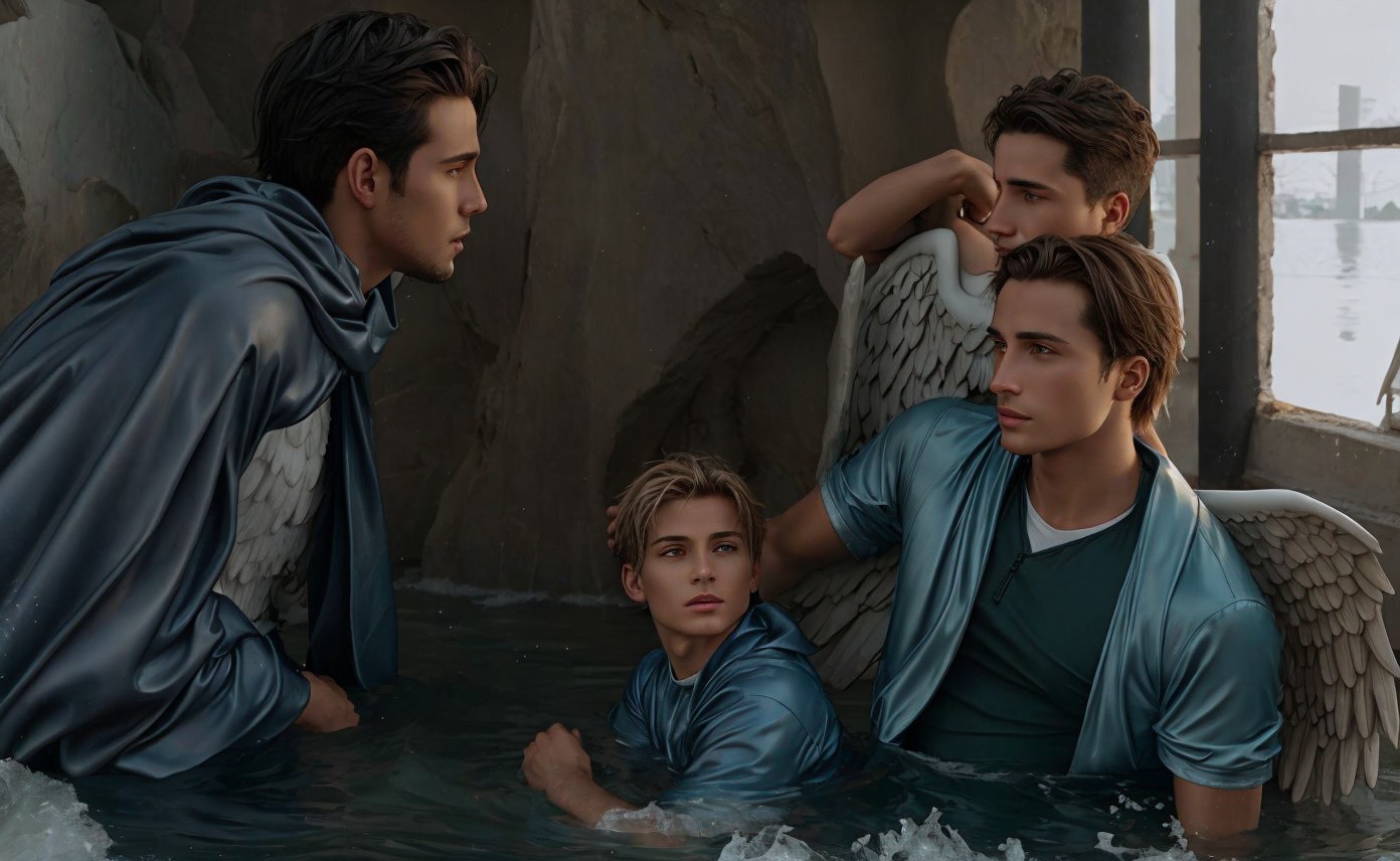 Young Men with Wings in Dark Water Setting