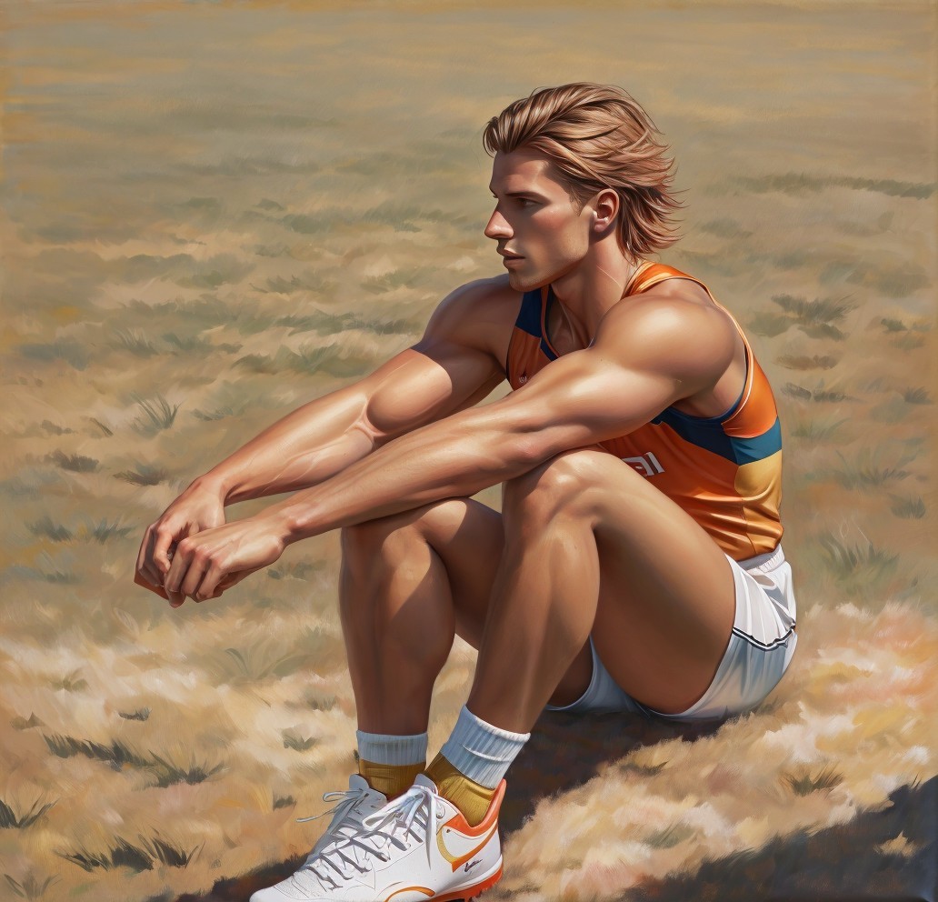 Muscular Young Man in Orange Tank Top on Grassy Field