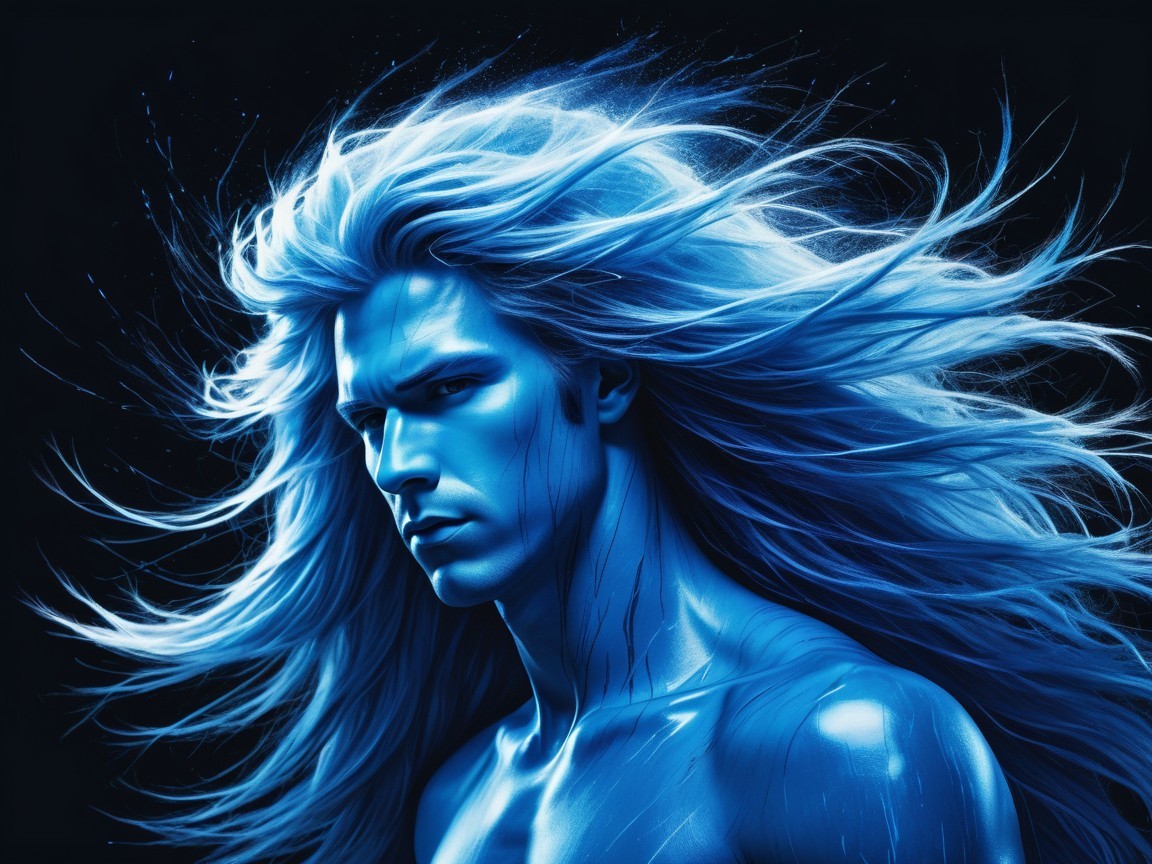 Radiant Blue-Skinned Figure with Flowing Hair