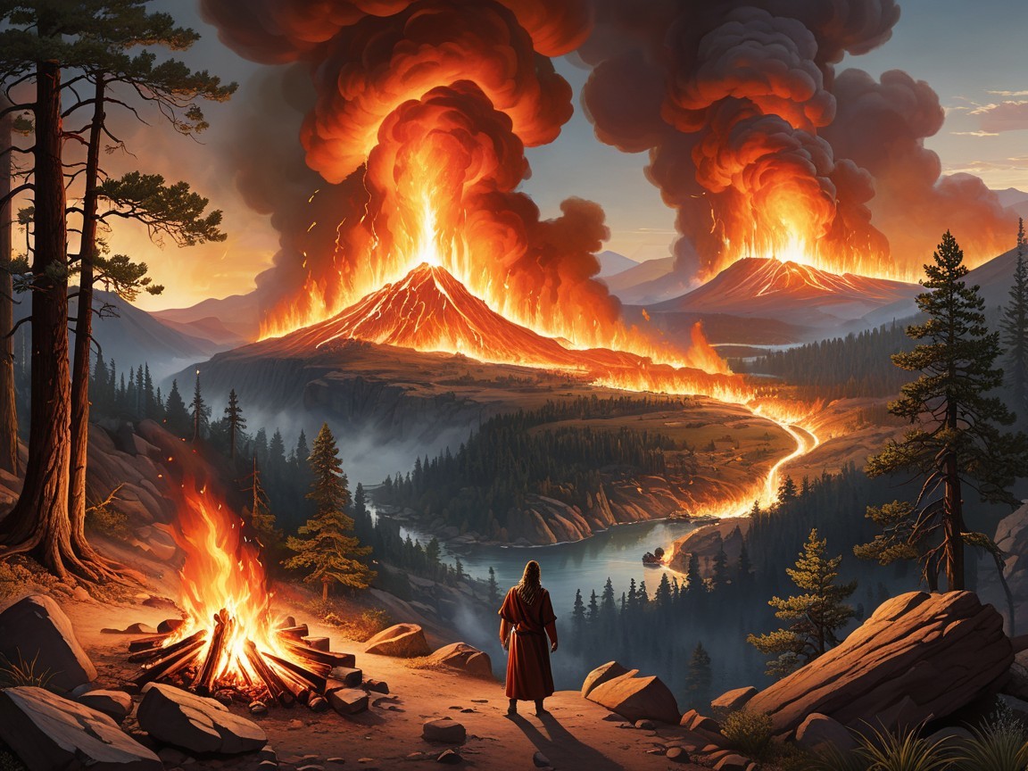 Volcano Eruptions with Tranquil River in Valley Scene