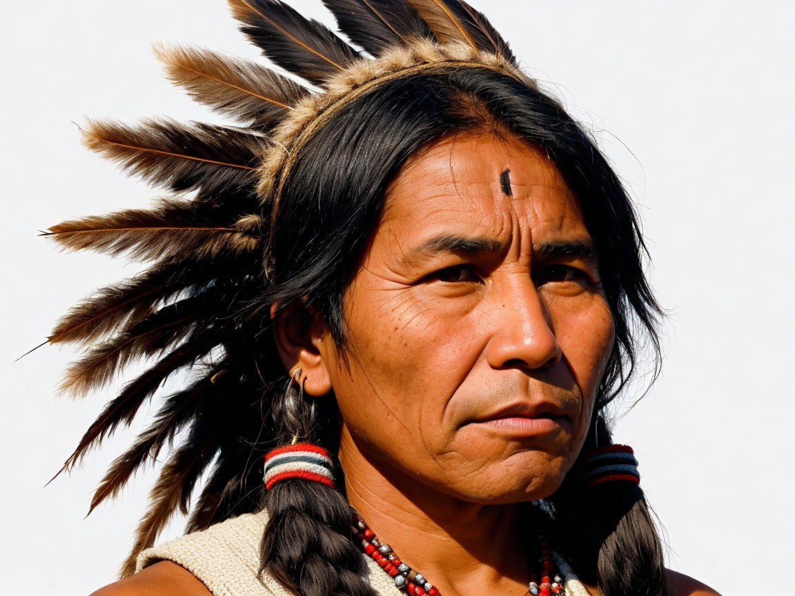 Indigenous Man in Traditional Attire with Cultural Symbols