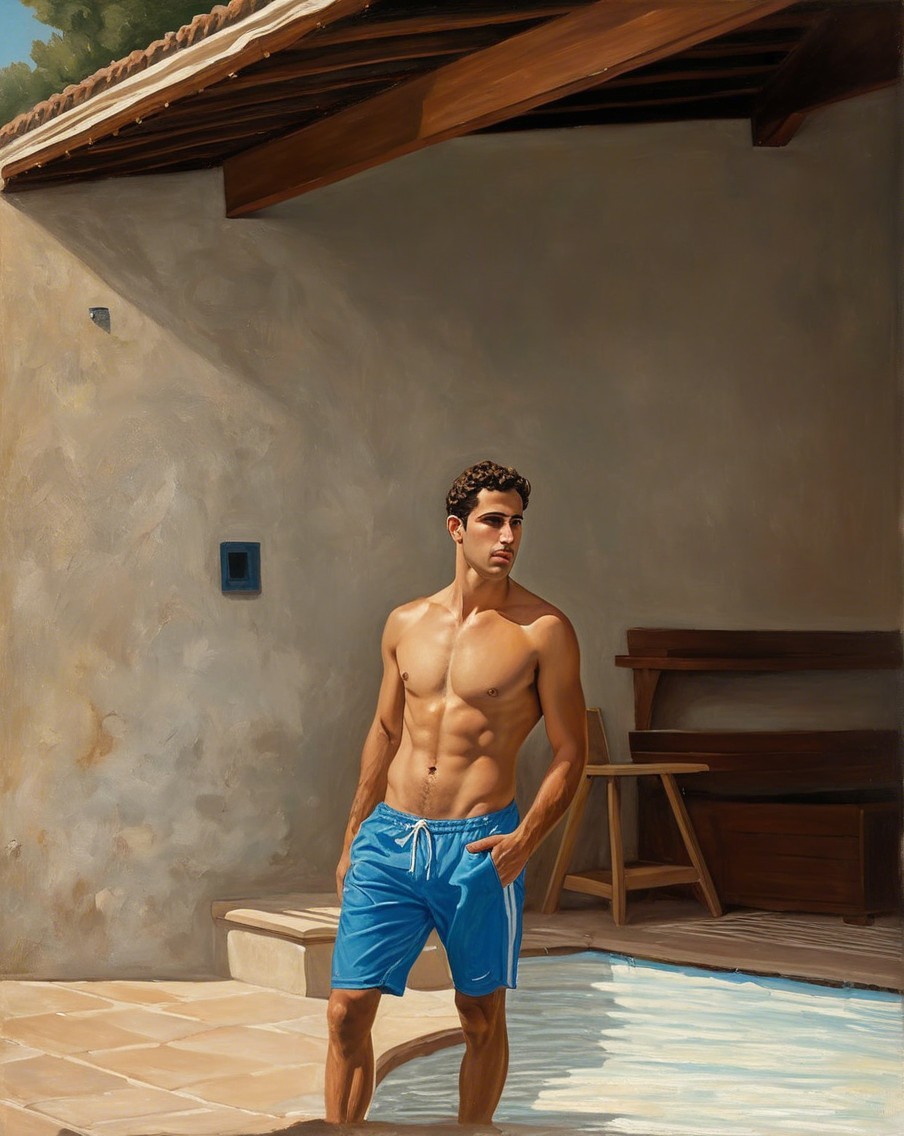 Confident Young Man by Sunlit Swimming Pool