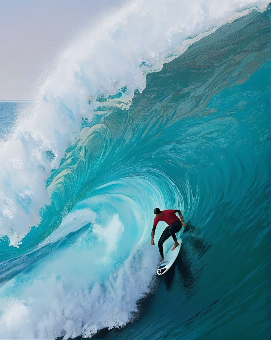Surfer Riding a Massive Wave in Turquoise Waters