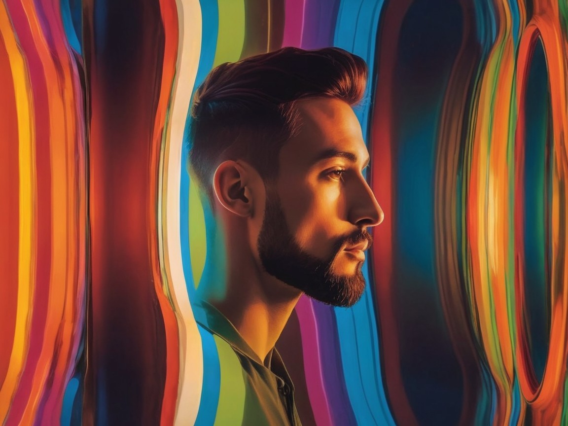 Vibrant Portrait of a Man in Colorful Striped Background