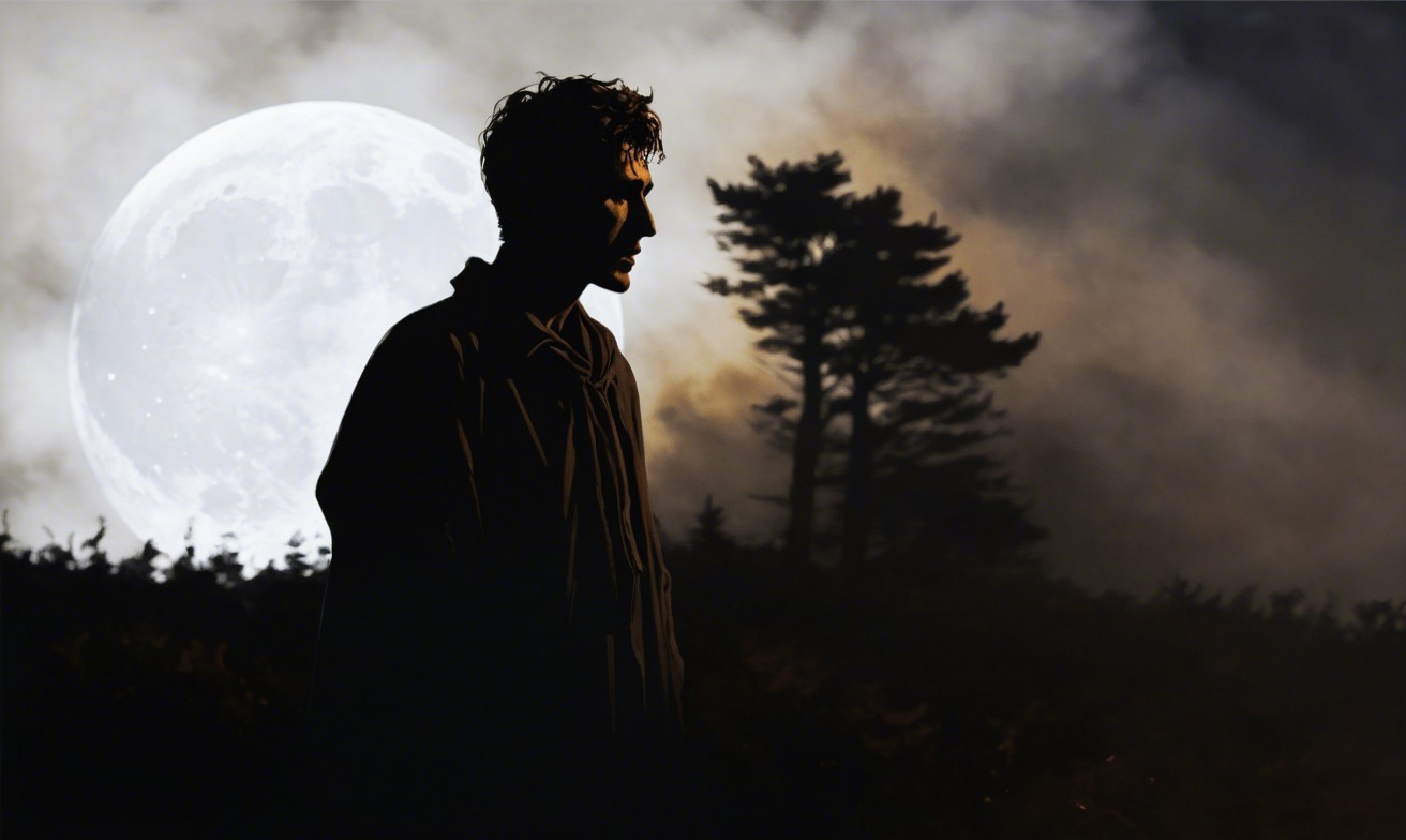 Solitary Figure Beneath a Luminous Moon and Mist