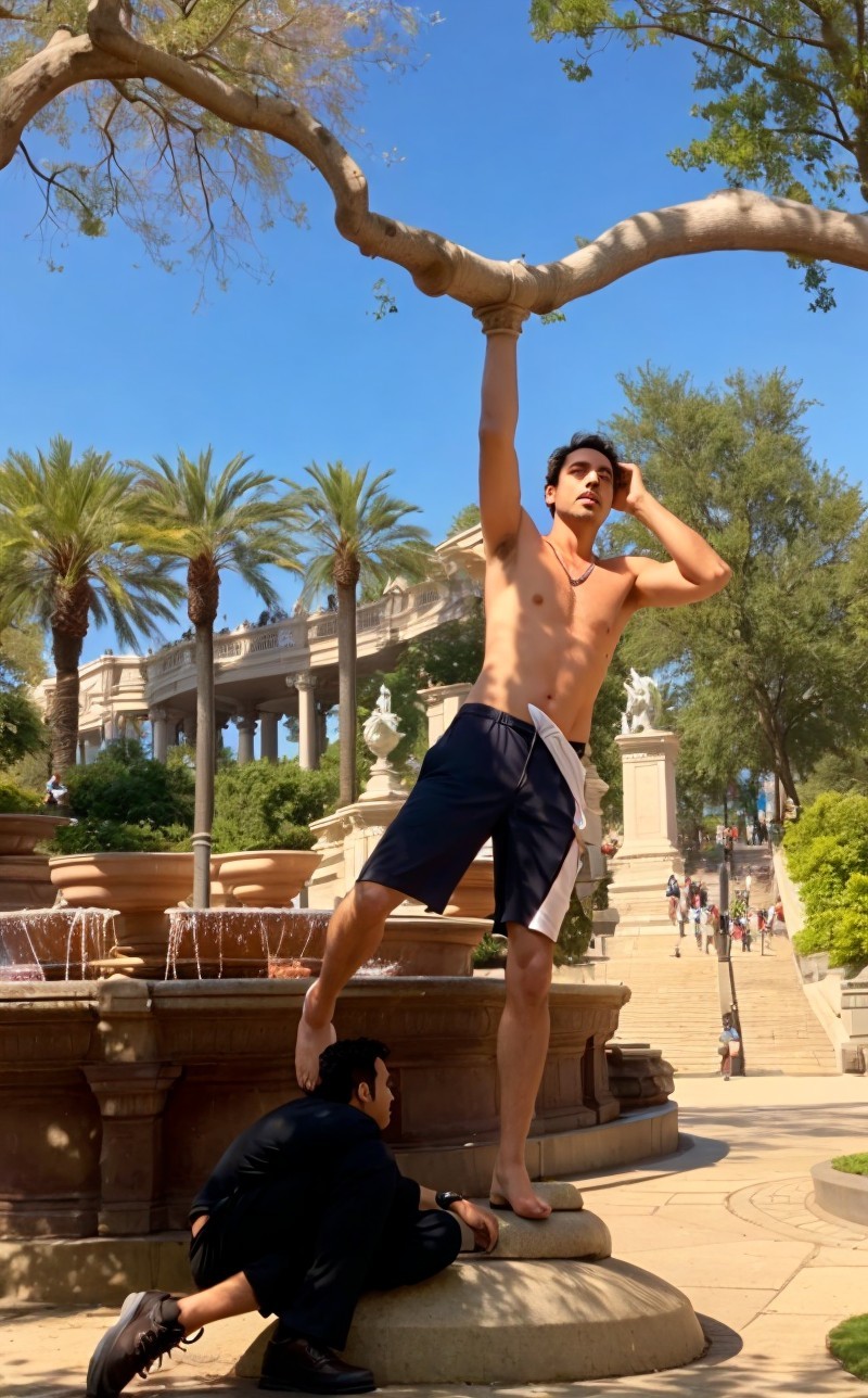 Young man poses on pedestal in vibrant park setting