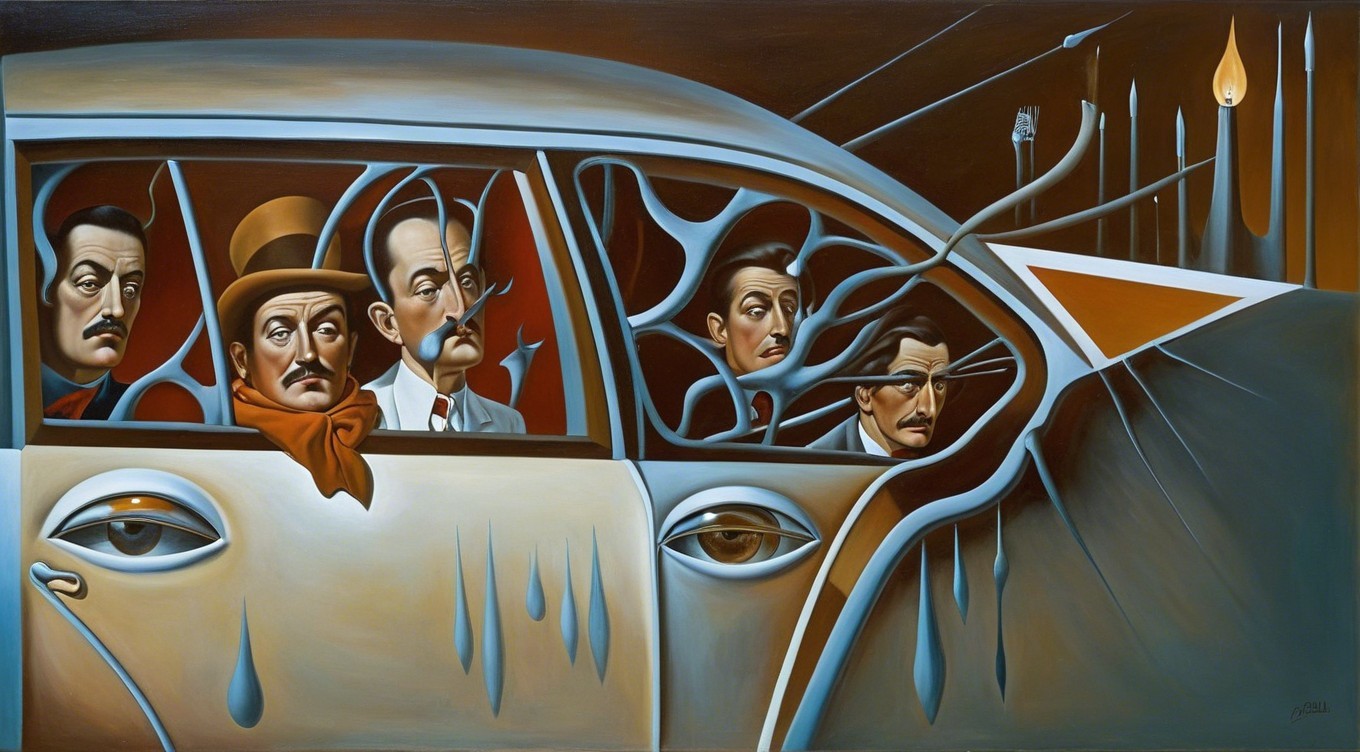 Surreal Scene of Men in Vintage Car with Abstract Background