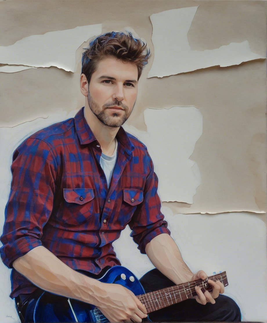 Young man with guitar against textured background