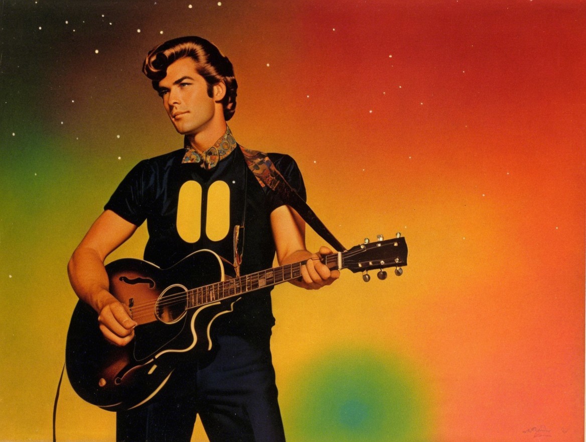Stylish Young Man with Guitar Against Colorful Background