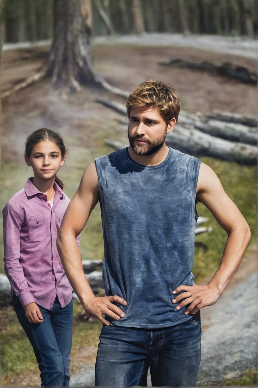 Young girl and muscular man in serene forest setting