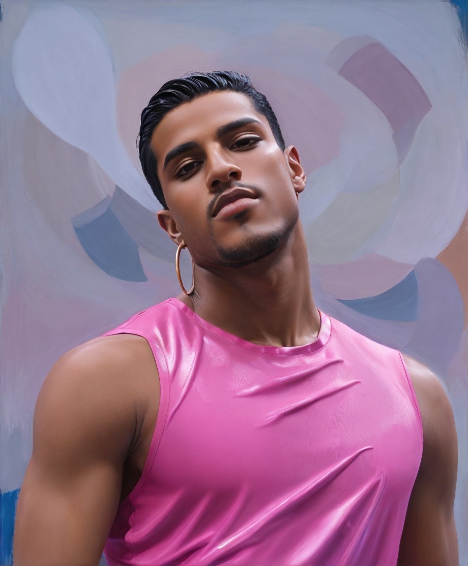 Confident Young Man in Glossy Pink Top and Hoop Earring