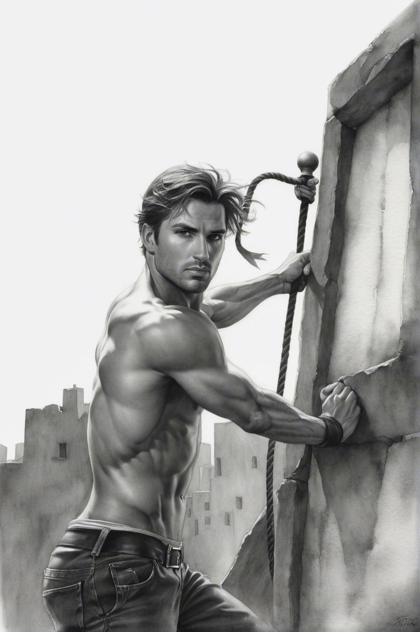 Muscular Man Climbing Wall in Dramatic Setting