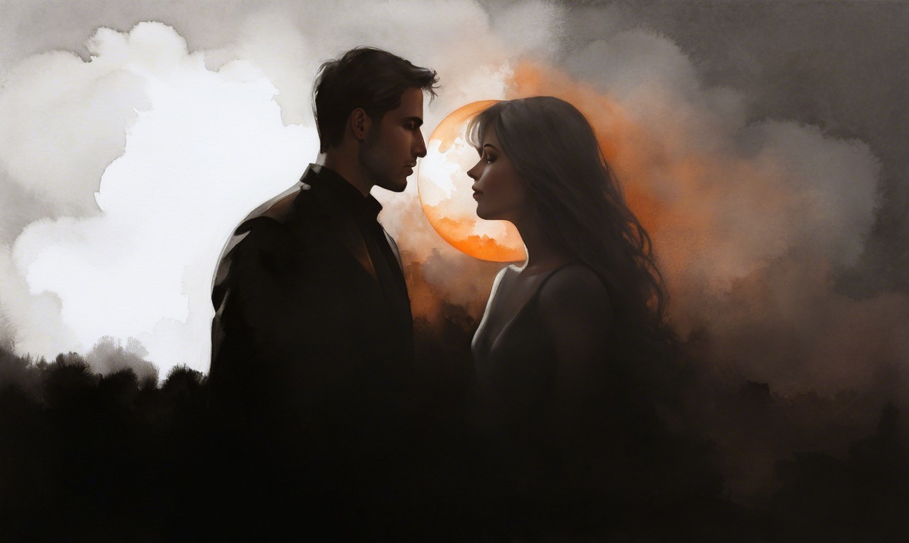 Silhouette of a couple against a glowing orange moon