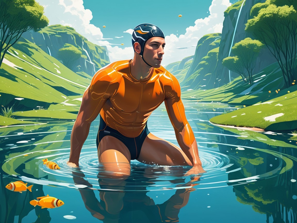 Muscular Swimmer in Serene River with Colorful Fish